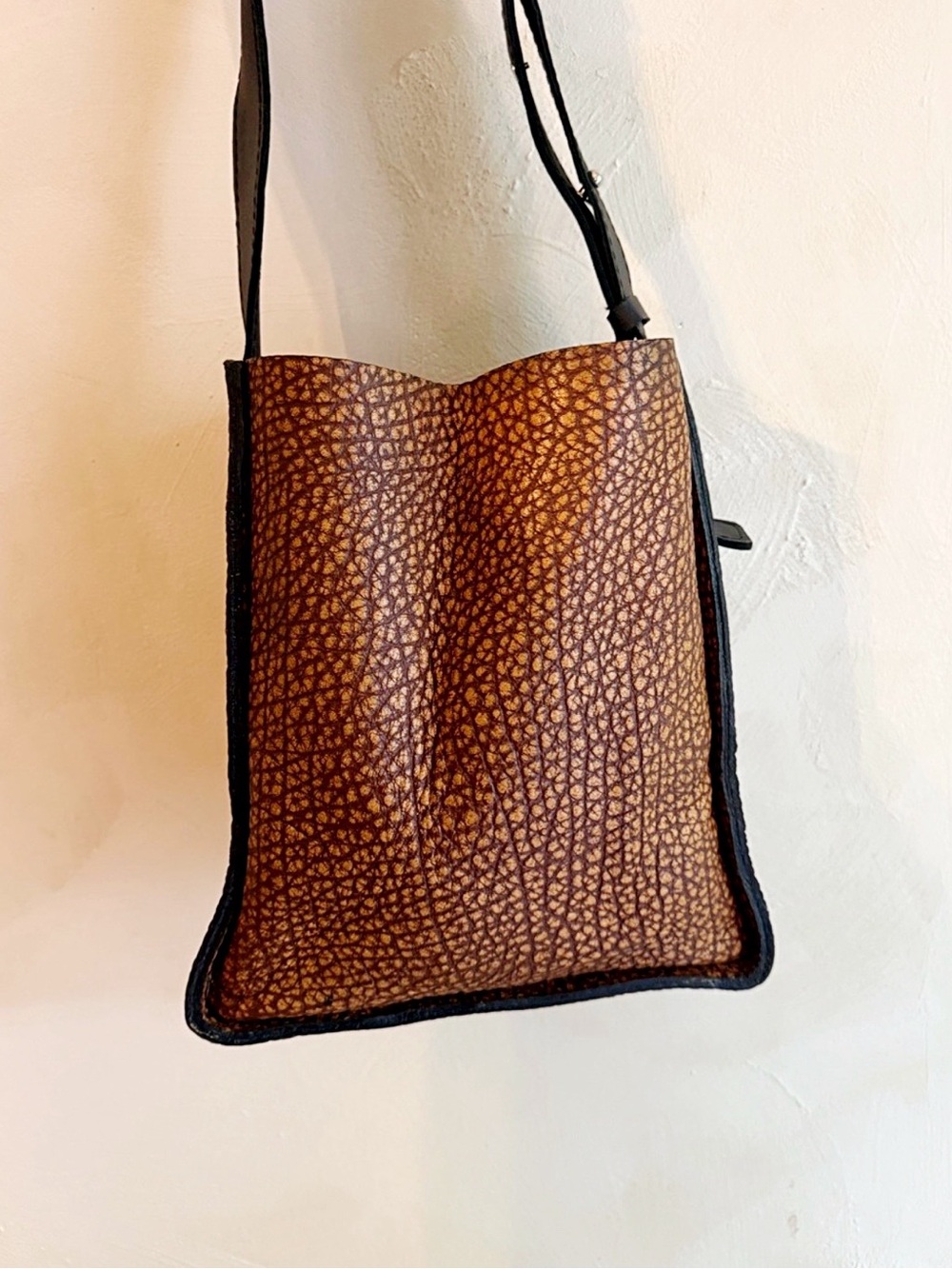 Genuine Leather | Brown Textured Shoulder Bag | Black Trim | Boho